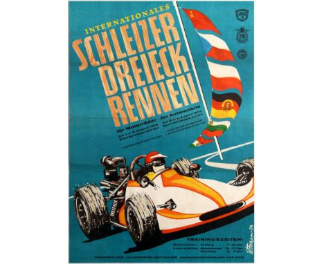 Original vintage German sport poster advertising International Race (Internationales Schleizer Dreieck Rennen). Good conditio