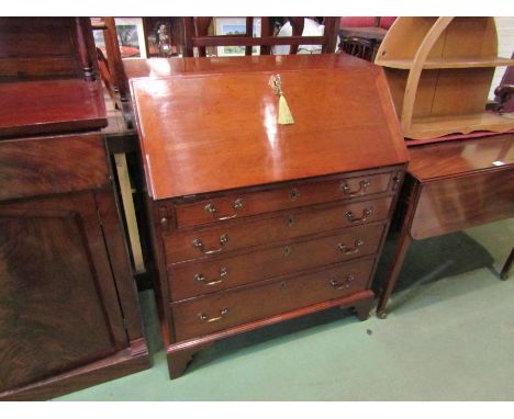 A George III style fruitwood bureau, the fully fitted interior with secret drawer over four long drawers and bracket feet (wi