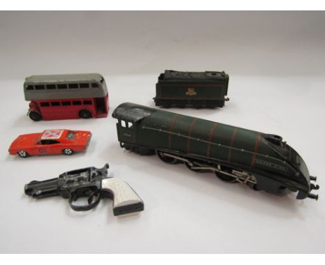 A Hornby Silver King electric engine, a Dinky double decker bus, cap gun and General Lee car