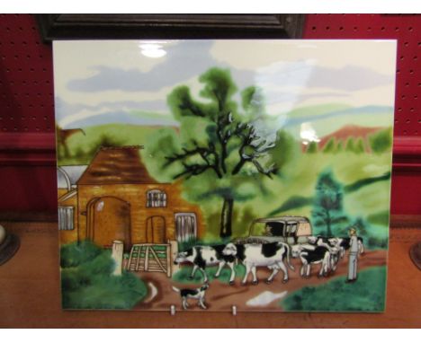 A decorative handcrafted tile depicting farmer leading cows to a field, 33cm x 40cm