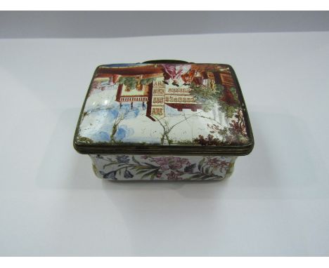 A table snuff box, circa 1760, enamel decorated all sides with flowers and ladies and gentlemen in gardens a/f