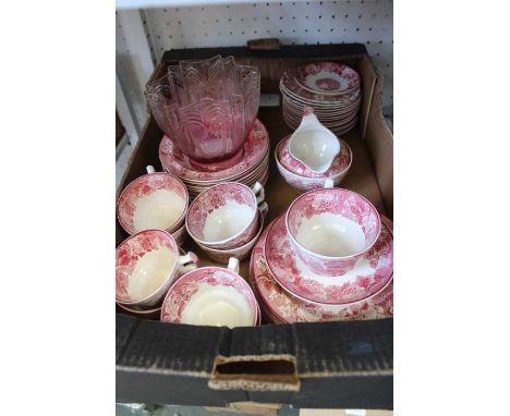 An Edwardian etched oil lamp shade, together with a selection of red &amp; white transfer decorated tableware