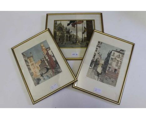 A late 19th century hand coloured print of Venice, together with two other prints of Venice 