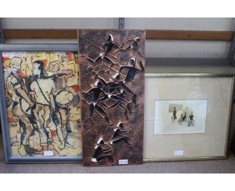An embossed African copper panel, with stylised hunters decoration, 55cm x 25cm, together with two framed prints