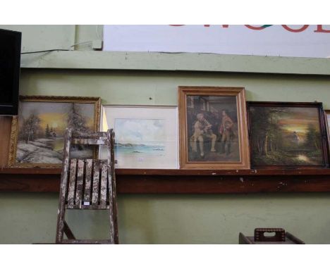 A watercolour seascape, two oils on canvas and a Victorian school print 