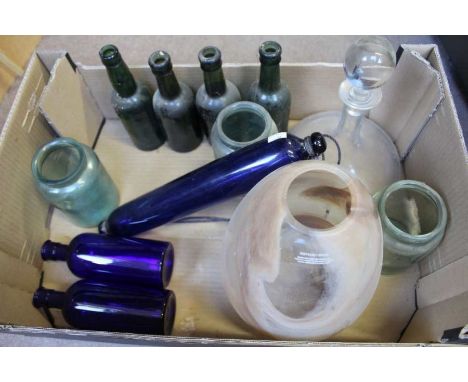 A cobalt blue glass rolling pin, and a selection of glasswares