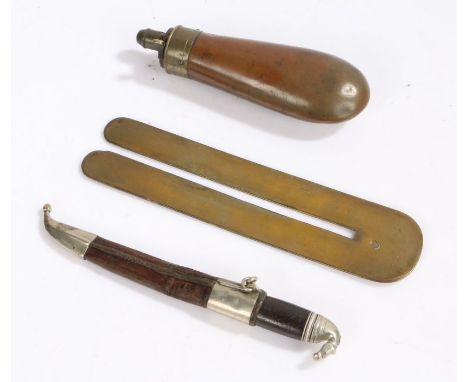 Copper and brass shot flask, together with a small Middle Eastern knife with horse head pommel and a World War I British Army