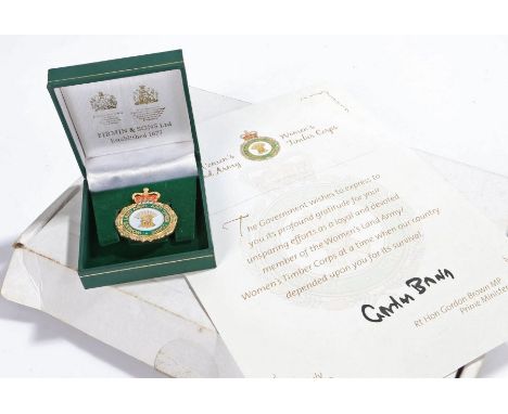 Women's Land Army and Timber Corps Veterans Badge by Firmin &amp; Sons with certificate signed by Prime Minister Gordon Brown
