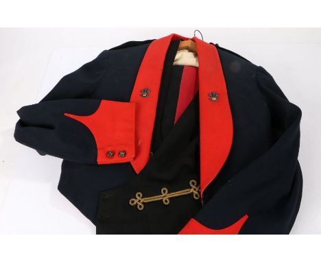 British army Officers Mess Dress uniform items, blue cloth jacket appears to be badged to The Welsh Regiment, cavalry officer