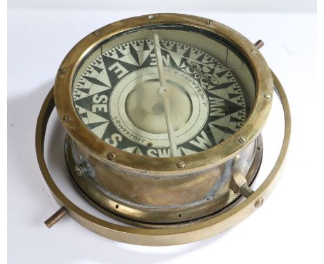 Brass, liquid filled, ships compass, dial marked to 'J.W. SEARBY &amp; SON, LOWESTOFT', 23.5 cm in diameter