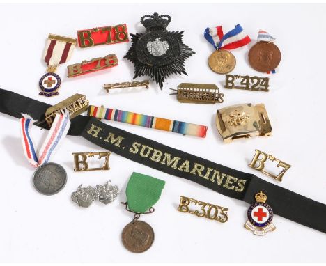 Selection of Military and Police badges, H.M.Submarines cap tally, Royal Signals shoulder titles, First World War medal ribbo