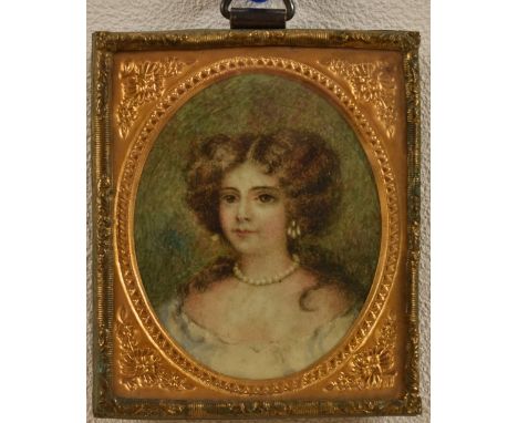 English School (19th century), a portrait miniature, of a young lady, bust length, wearing pearls, watercolour on ivory, oval