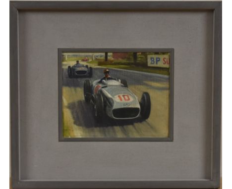 British SchoolGrand Prix Racing, Mercedes Silver Arrow W154 silver No 10indistinctly initialled, oil on board, 21cm x 26cm