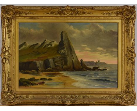 K**Walters (early 20th century)Beached Boat, by the cliffssigned, dated 1912, oil on canvas, 50cm x 75cm