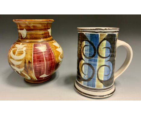 Alan Caiger-Smith MBE (1930-2020), a tin-glazed lustre ware vase, 16cm tall, potter's mark to base;  an Aldermaston Pottery t