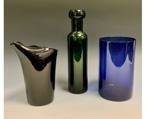 Scandinavian Studio Art Glass - A deep blue cylindrical vase by Nuutajarvi Nolsjo, Finland, 18cm tall;  a Magnor K glass Nors