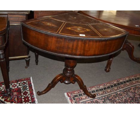 Unusual mahogany corner rent table with four sections with pull off lids and inlaid decoration, raised on a turned column wit