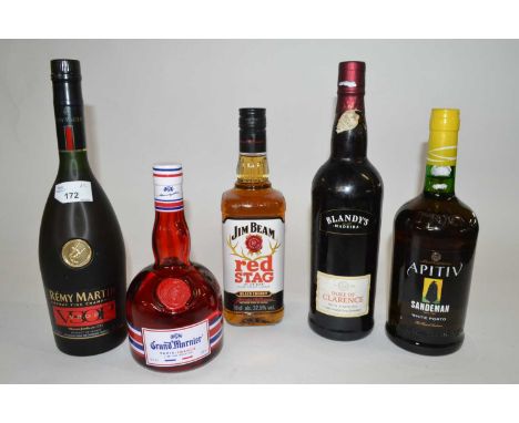 Sandeman White Porto, Blandy's Maderia, Remy Martin Cognac VSOP, Jim Beam Red Stag and Grand Marnier, (5)