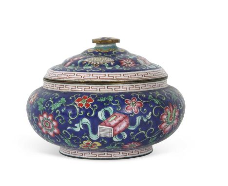 A late 19th/early 20th Century Cloisonne box and cover, the blue ground decorated with floral sprays in famille rose style, a