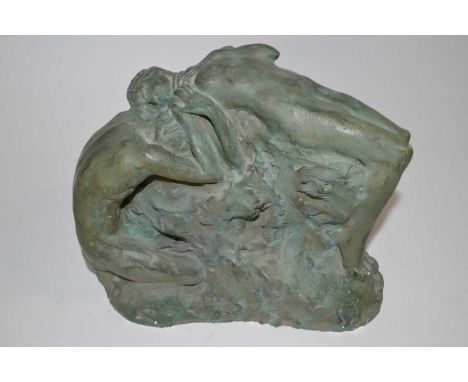 An interest Art Deco plaster sculpture of an intertwined man and lady on modelled base, possibly a Maquette for a bronze, 25c