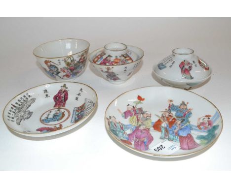 A group of Chinese porcelain wares all with polychrome design of Chinese figures including immortals, red character mark to b