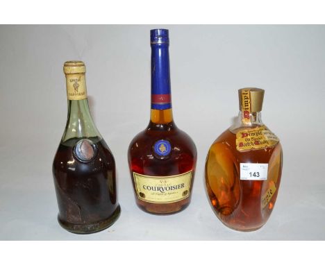 A bottle of Dimple Old Blended Scotch Whisky, a bottle of Courvoisier Cognac and unlabelled bottle of Napoleon cognac, (3)