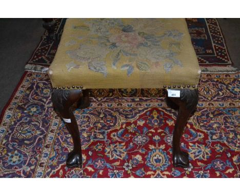 Georgian style mahogany stool with cabriole legs and tapestry covered top, 49cm wide