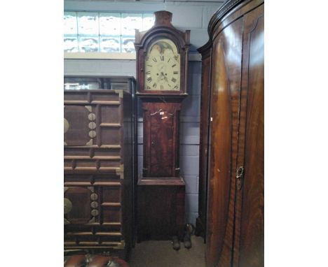 Large 19th century longcase clock with unsigned painted arched dial with moon phase aperture and subsidiary seconds and date 