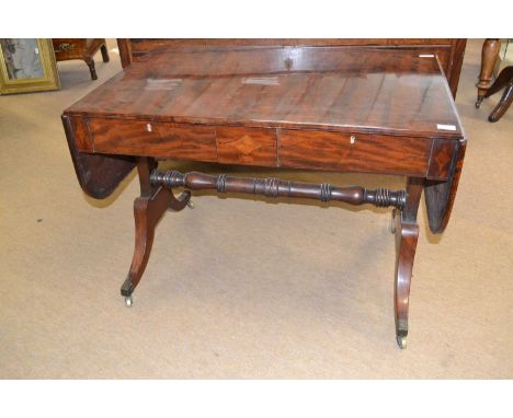 19th Century mahogany sofa table with drop ends and inlaid decoration raised on tapering end supports and end swept legs, 98c