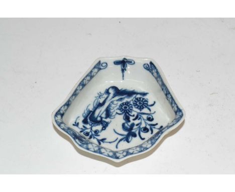 A Worcester porcelain hors d'ouevres dish with blue and white designs, circa 1760
