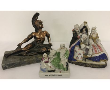  a continental ceramic classic group of 2 women and a man in period dress. 