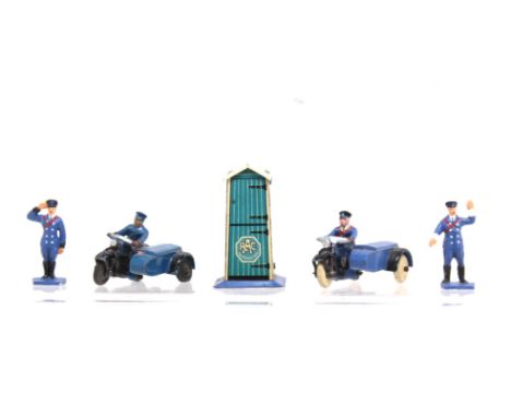 Dinky Toys: An unboxed, pre-war Dinky Toys 43 R.A.C Set, comprising: 43a RAC Box, two 43b RAC Motorcycle Patrol, 43c RAC Guid