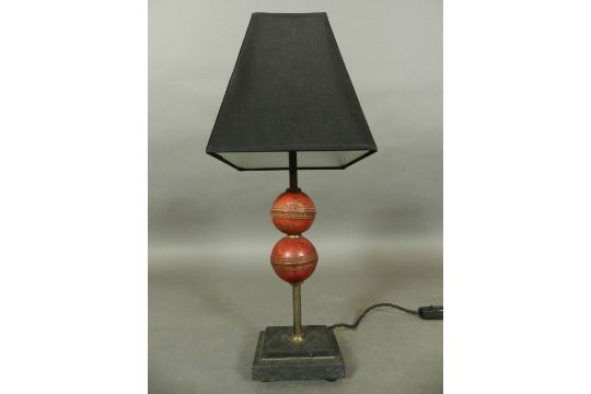 A Table Lamp The Base Fashioned With Two Leather Cricket Having Black Lampshade Mounte Leather Cricket, Cricket Ball Lamp Base