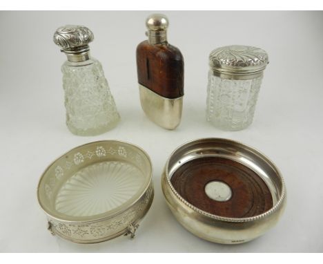 A 1930s silver and crocodile skin mounted hip flask, together with a silver and mahogany half wine bottle coaster, a silver m