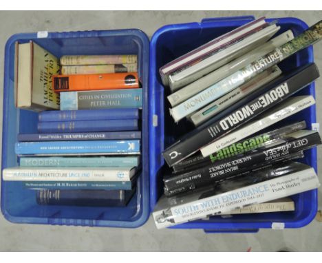 Two boxes of reference volumes including World History, Architectural and Exploration