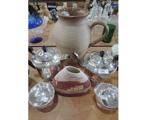 A plated tea service, studio pottery Langley jug etc