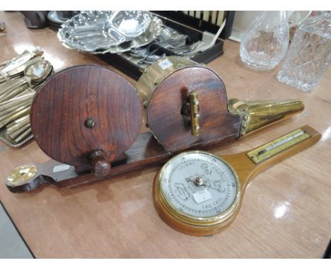 A set of brass and treen hand cranked butlers bellows and modern barometer