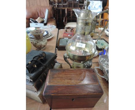 A brass and glass coffee warmer, a tea caddy and vintage volumes