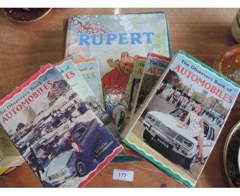 Six vintage Observer Automobile No21, 1961, 62,63, 64,66, 67 editions and assorted childrens annuals including Rupert 1958