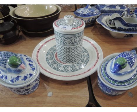 A Portmeirion 'Lanhydrock' plate and storage jar and two small ceramic duck lidded tureens