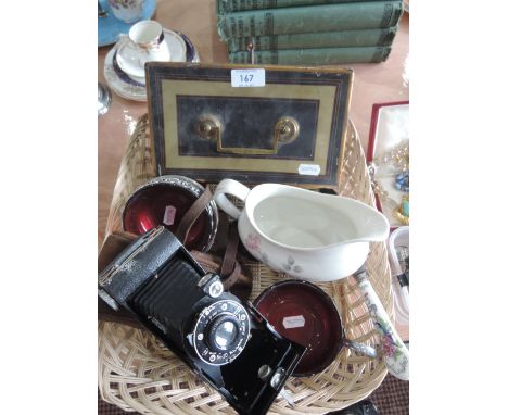 A miscellaneous selection including vintage Kodak Six-20 Junior camera, two ruby glass jugs, Royal Doulton jug and vintage me