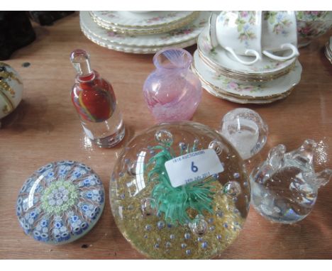 A selection of Art glass including Millefiore paperweight, Caithness style small vase, coloured bottle and stopper etc