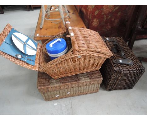 A selection of wicker baskets including hamper and picnic style