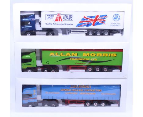 Eligor: A collection of three boxed Eligor, 1/43 Scale diecast model cab and trailer to comprise: Scania Serie 4 Toit Bas Gra