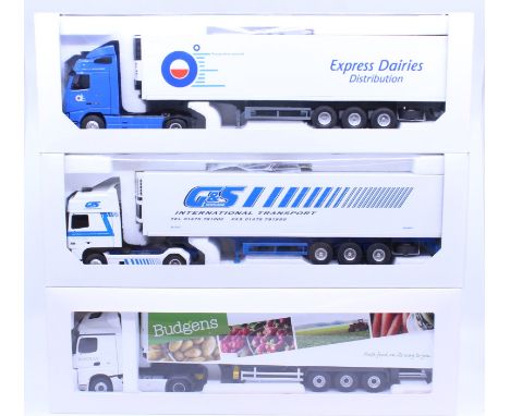 Eligor: A collection of three boxed Eligor, 1/43 Scale diecast model cab and trailer to comprise: Mercedes Actros 2 Streamspa