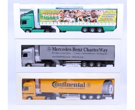 Eligor: A collection of three boxed Eligor, 1/43 Scale diecast model cab and trailer to comprise: Mercedes Actros MP2 Contine