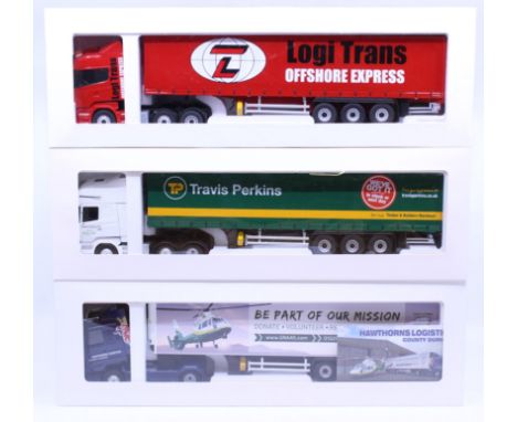 Eligor: A collection of three boxed Eligor, 1/43 Scale diecast model cab and trailer to comprise: Scania Serie R 3 Essieux Se