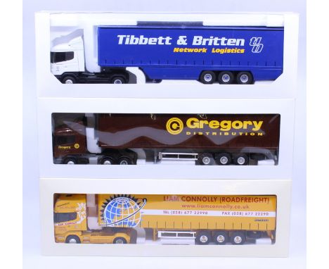 Eligor: A collection of three boxed Eligor, 1/43 Scale diecast model cab and trailer to comprise: Scania 4 Tibbett &amp; Brit