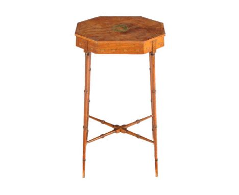 A Sheraton Revival mahogany and polychrome painted lamp table, circa 1900, of octagonal form, 71cm high, 40cm wide, 33cm deep