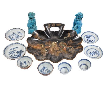 Nanking Cargo- two pairs of Chinese blue and white teabowls and saucers, Qianlong, one pair painted with bamboo and cafe-au-l
